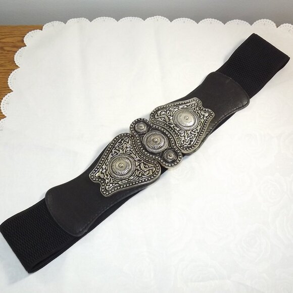 Southwestern Style Black and Silver Stretch Belt, Sz M/L - Picture 1 of 8